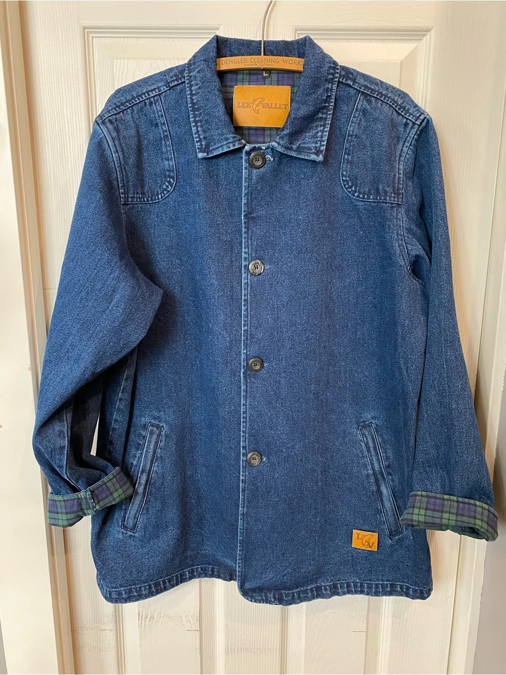 Vintage Lee Valley Denim Chore Coat Plaid Flannel Cuffs Mens Large